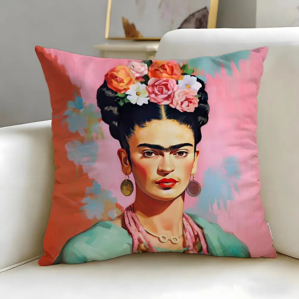 coussin contemporain zip invisible polyvalent orange bleu rouge peinture abstraite visage stylisé 45x45cm polyester