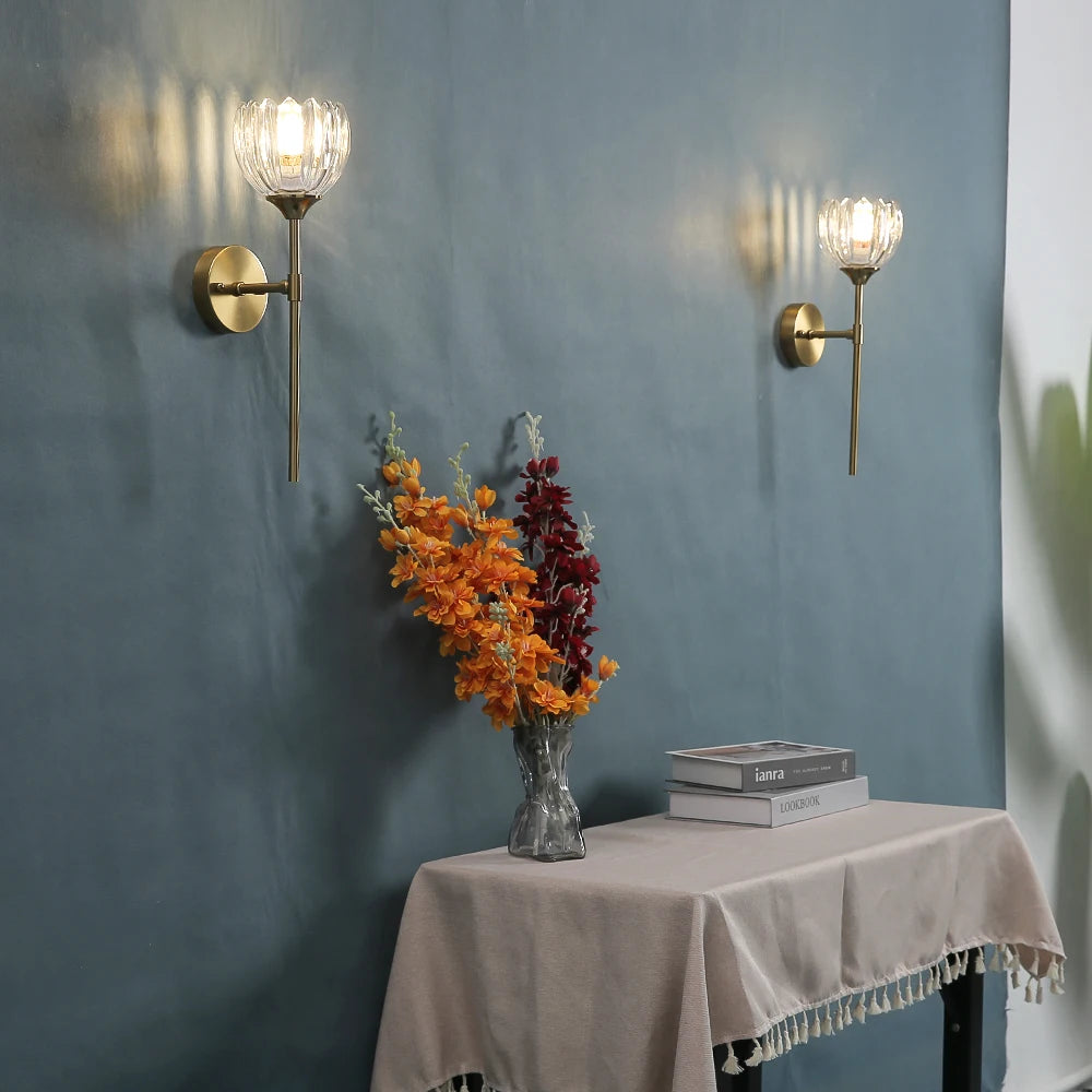 applique murale moderne verre transparent fleur vert doré rose élégante chambre salon entrée