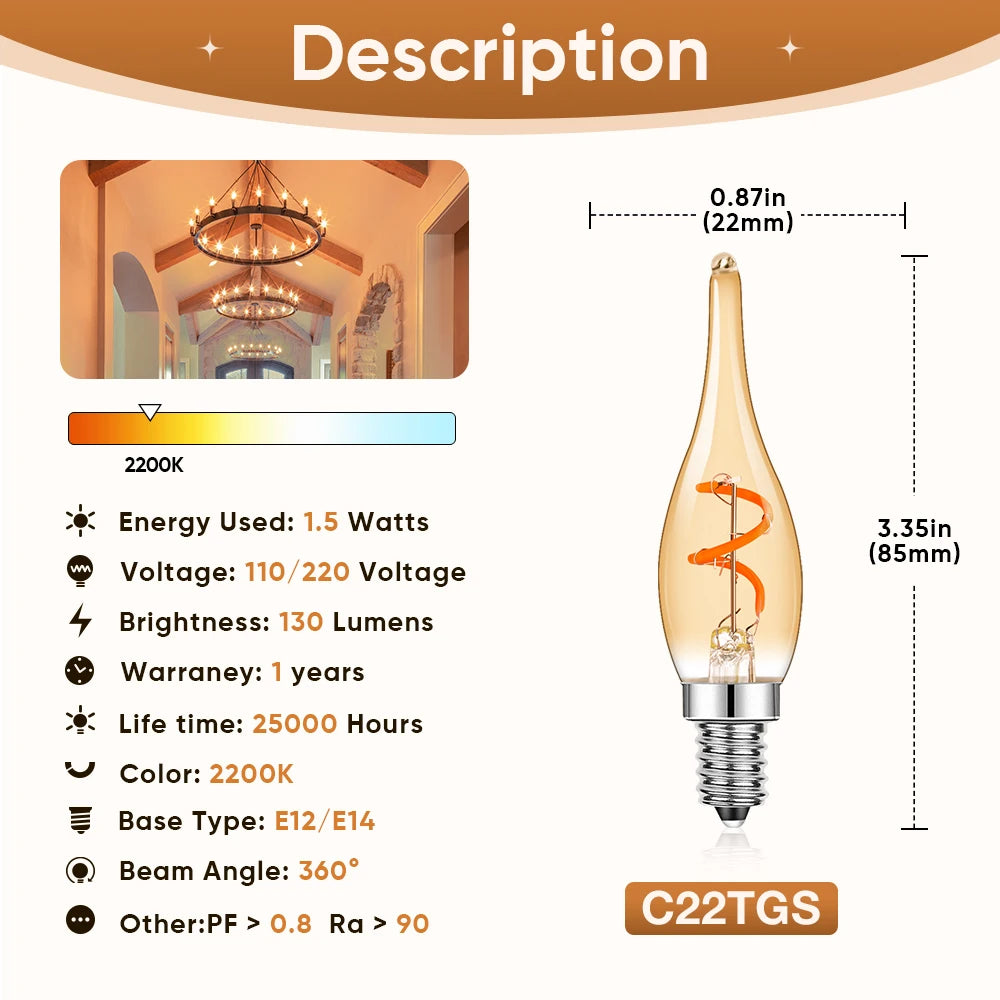 ampoules led vintage transparentes dorées spirale orange e12 e14 2200k 25000h 85mm
