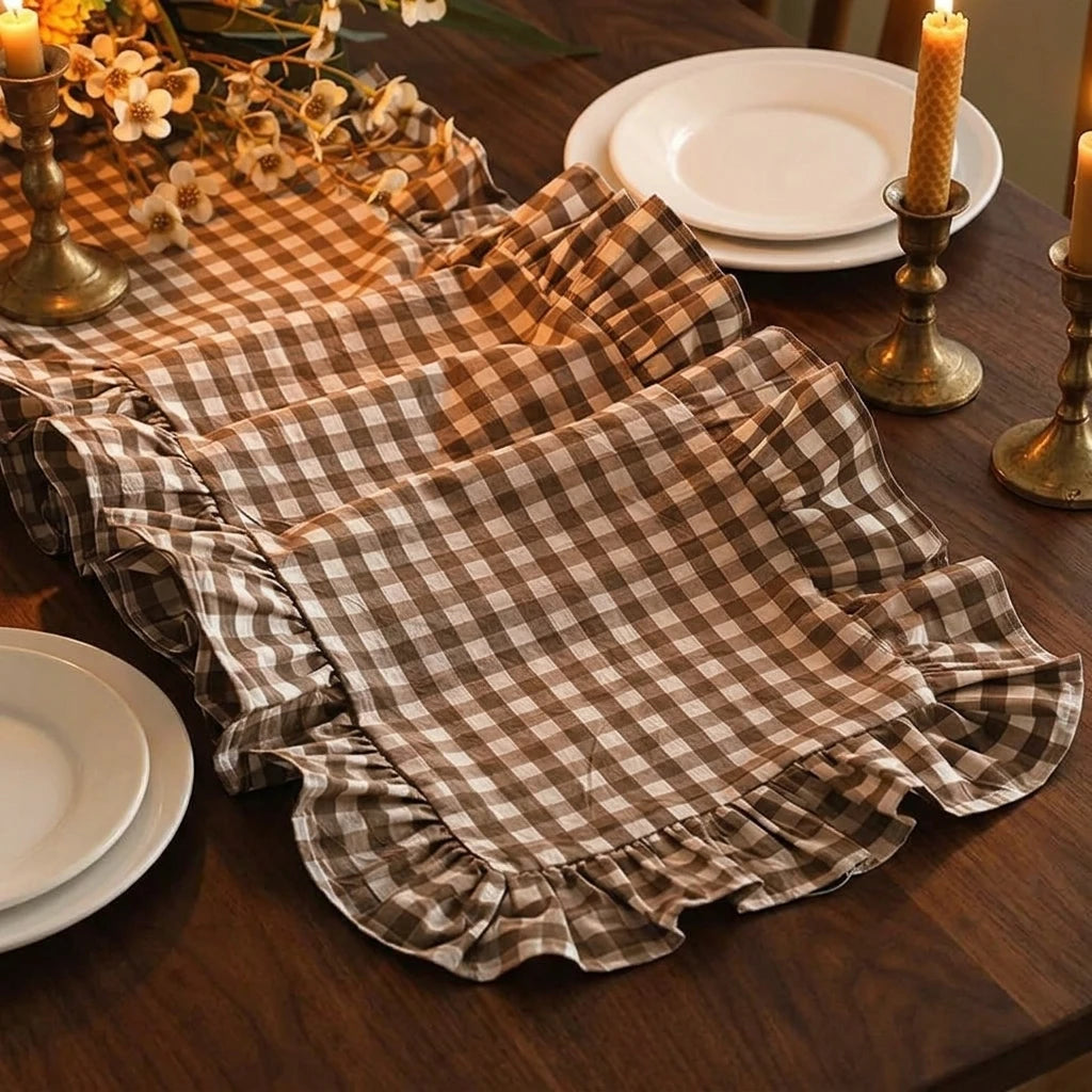 tableau chemin table carreaux bleu blanc marron beige rustique vintage mariage décoration noël anniversaire