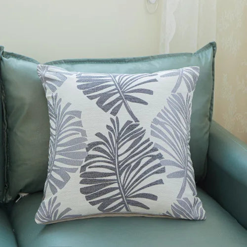 housse coussin brodé feuilles palmier moderne bleu clair beige marron amovible lavable 45x45cm oblong