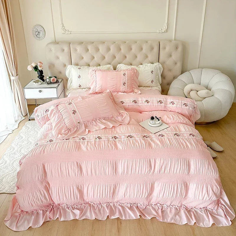 drap plat brodé rose clair classique plissé taies oreillers ensemble literie romantique