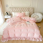 drap plat brodé rose clair classique plissé taies oreillers ensemble literie romantique