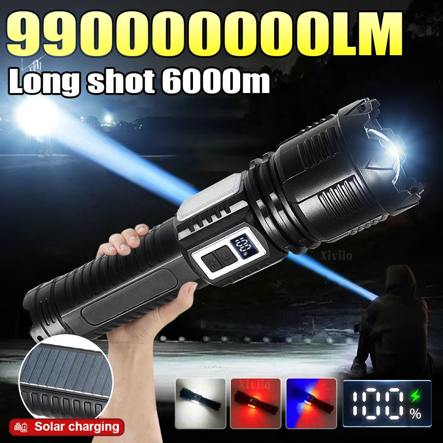 lampe torche rechargeable solaire led puissante 30w lumiere intense résistante autodéfense camping pêche