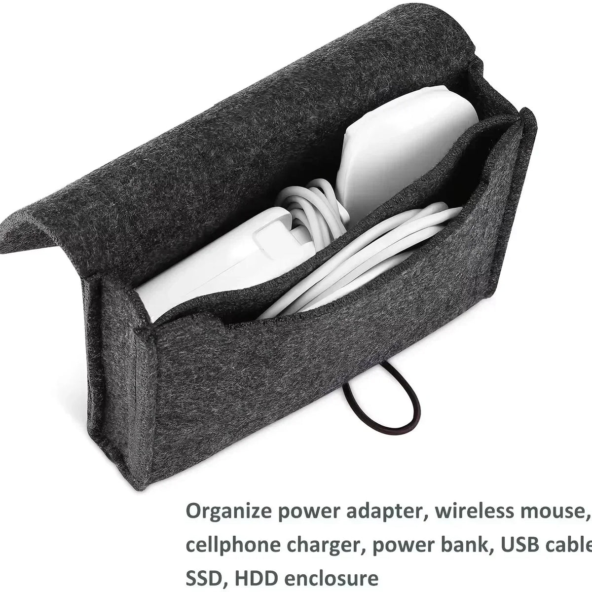 Sac ordinateur portable gris tissu doux moderne chargeurs adaptateurs câbles USB SSD HDD