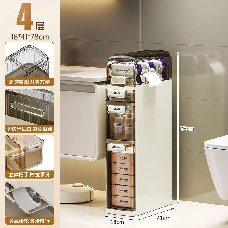 rangement salle bain moderne étages adhésif compartiments transparent beiges gris produits toilette papier serviettes