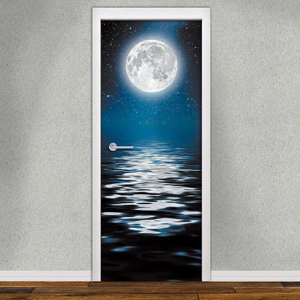 autocollants porte paysage nocturne spirale optique moderne adhésif noir blanc bleu gris beige jaune