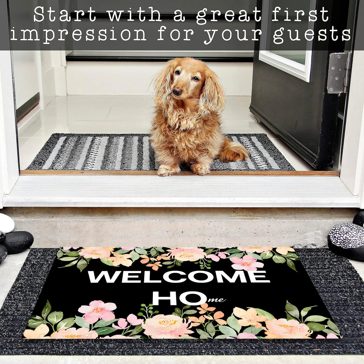 tapis d'entrée floral antidérapant résistant antibactéries moderne noir rose vert bienvenue