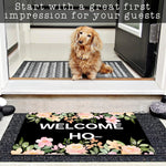 tapis d'entrée floral antidérapant résistant antibactéries moderne noir rose vert bienvenue