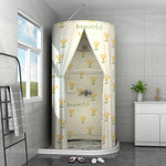 rideau extérieur tente cabine dôme bleu blanc motifs feuilles imperméable polyester cloison semi transparent