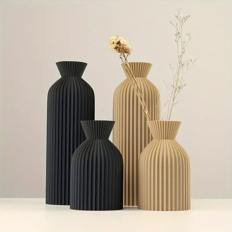vases noirs beiges rayures modernes fleurs séchées intérieur table salon decoration xs