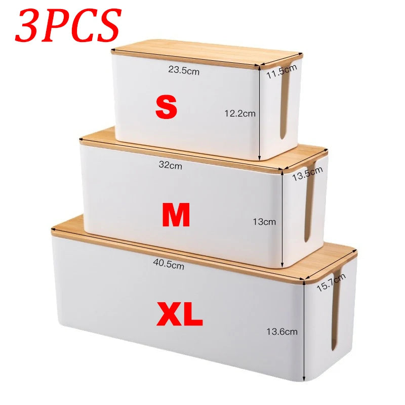 boîte rangement bois blanc minimaliste anti poussière prises électriques câbles chargeurs télécommande