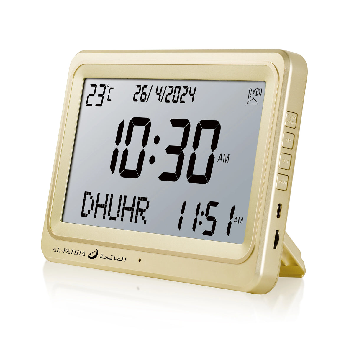 horloge numérique or noir moderne affichage heure date prière température İslam Dhuhr Fajr
