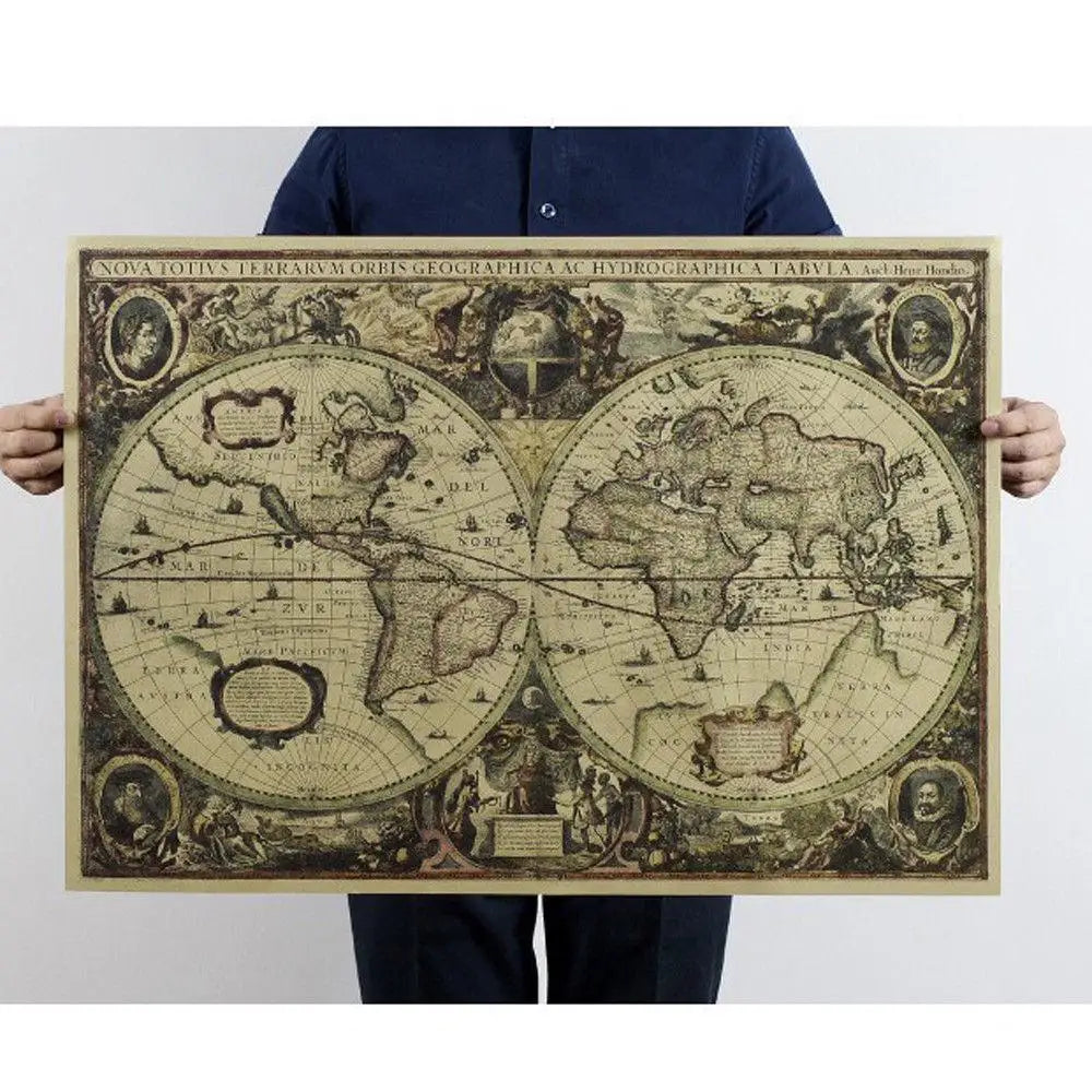 affiche carte monde ancienne vintage illustrations historiques beige marron clair 60x42cm