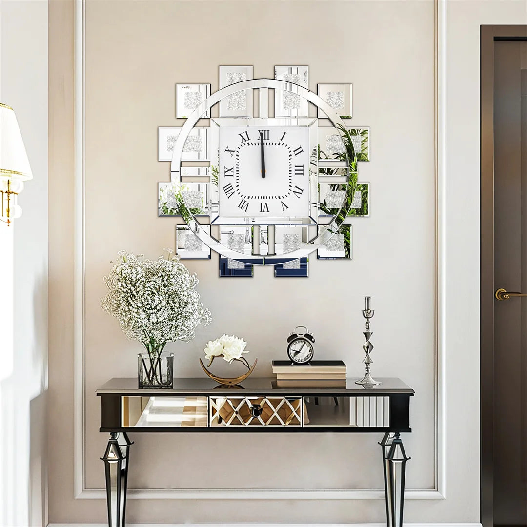 Horloge murale 60 cm cristal argenté design moderne salon
