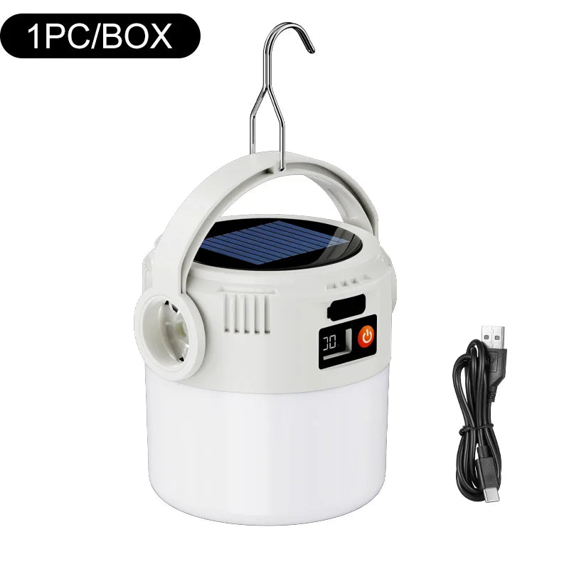 lanterne solaire portable camping led rechargeable fixation poignée écran digital prise type