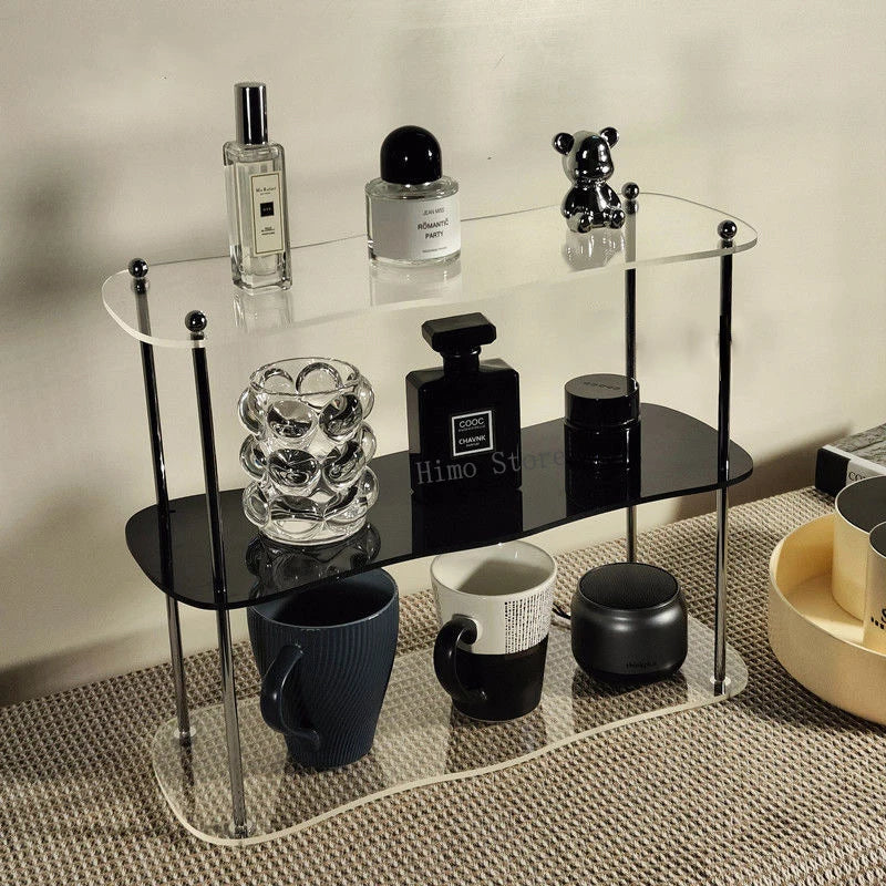 étagère deux niveaux transparente moderne pieds métalliques rangement parfum vaisselle décoratives multifonctionnelle salon