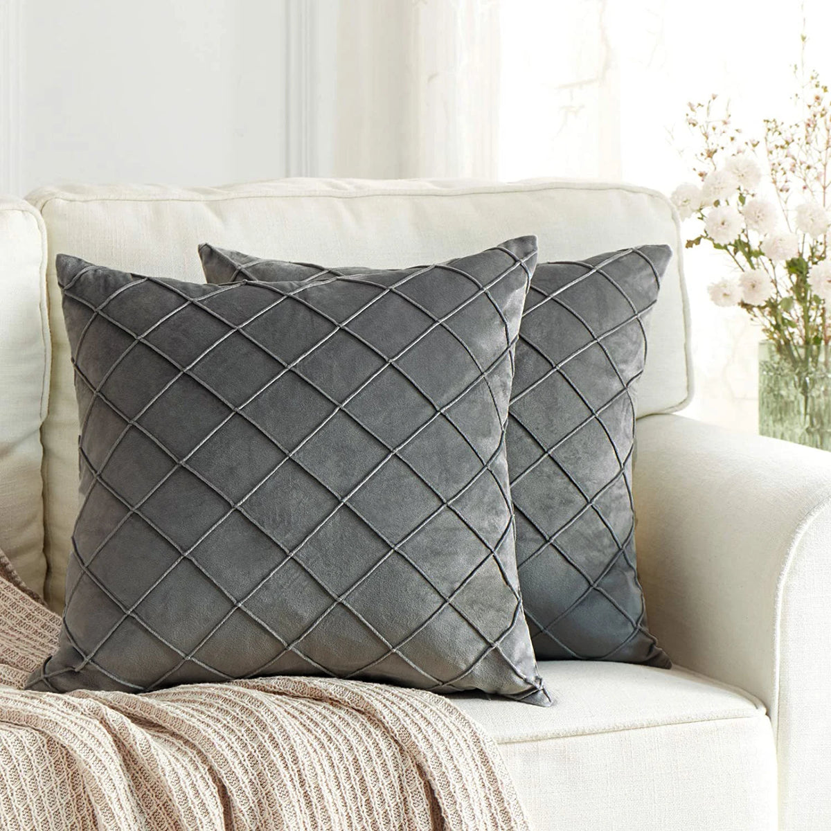 housses coussins carreaux gris foncé 30x50cm 45x45cm 50x50cm décoration maison sofa contemporain