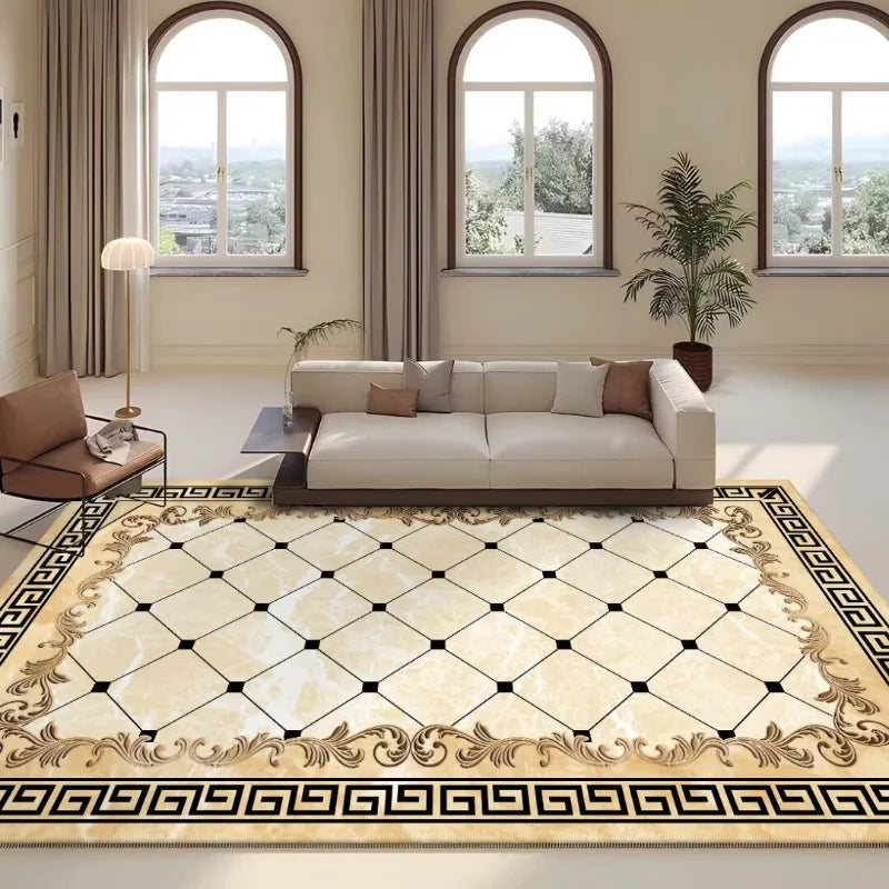 Le salon lumineux avec de hautes fenêtres arrondie offre une vue magnifique sur l'extérieur, avec un canapé confortable et un tapis décoratif élégant rehaussant l'ambiance chaleureuse de la pièce.