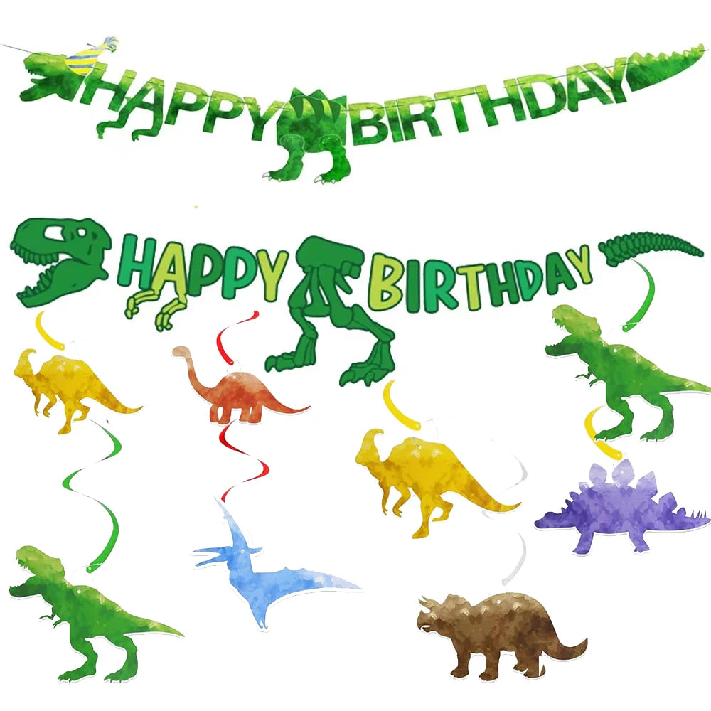 décoration fête thème dinosaure joyeux anniversaire lettres happy birthday feuilles vert orange bleu