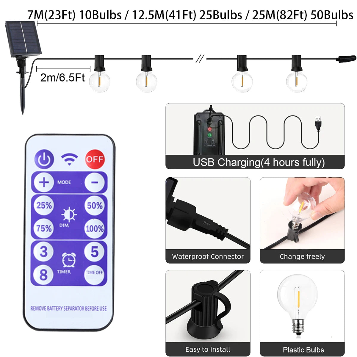 guirlande lumineuse solaire led transparente moderne 10m 21 ampoules clips extérieure jardin fête noël