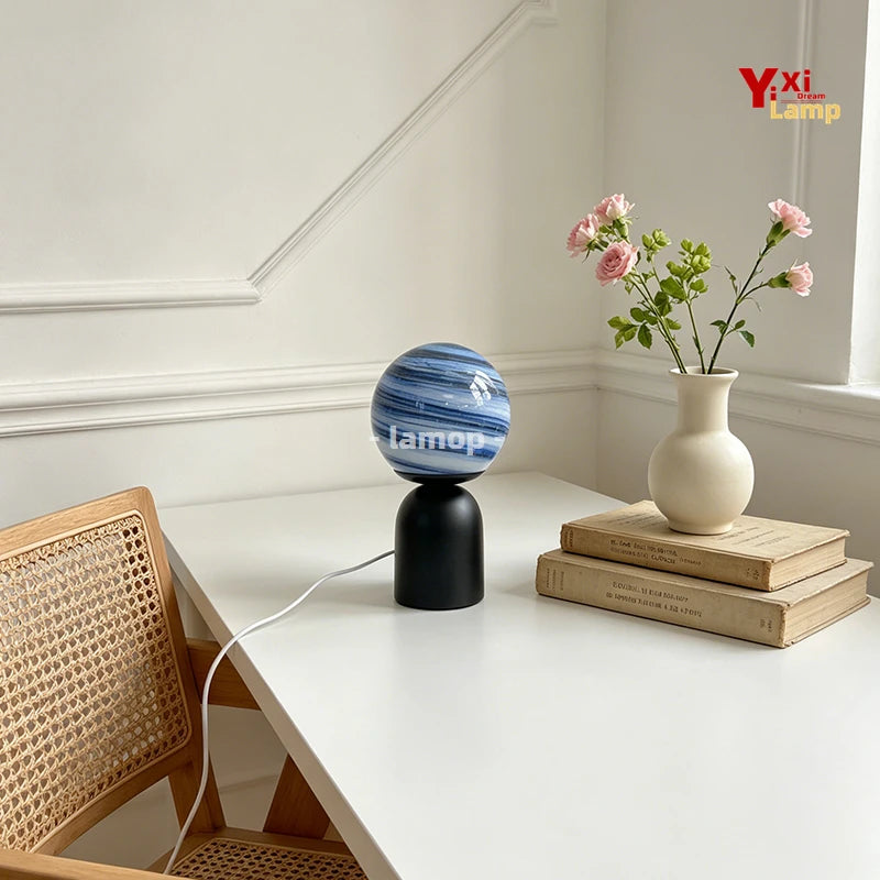lampe table moderne noir bleu striees led usb rechargeable vitrail opaque chambre