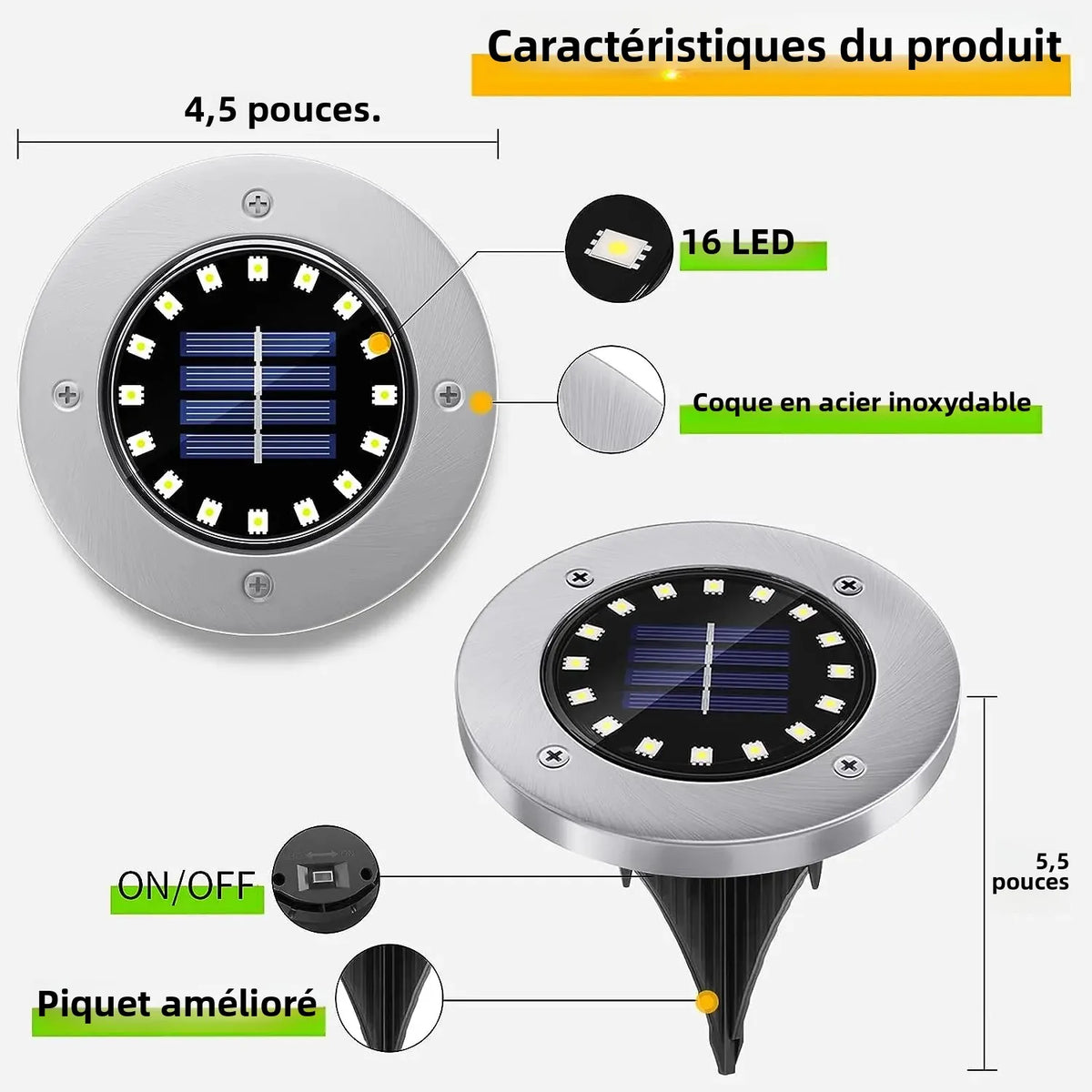 lumière solaire sol 16 led moderne argentée extérieure autonome ip65 inoxydable minimaliste