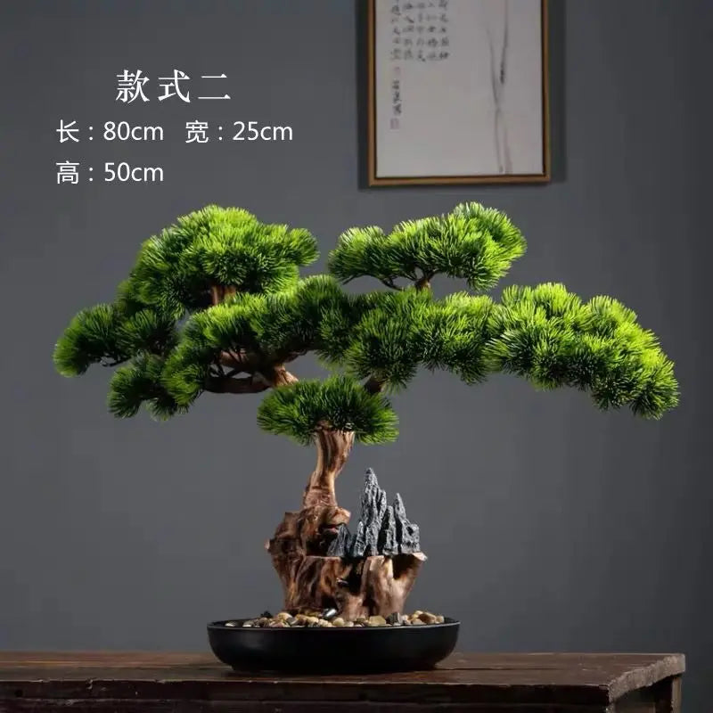 bonsaï artificiel vert clair arbre feuilles fines pot noir gravier blanc ornement extérieur classique