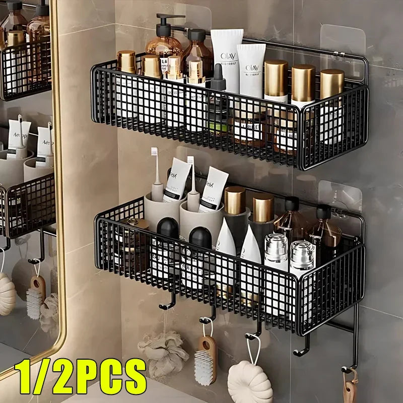 panier mural noir maille métallique moderne rangement salle bain accessoires organisation cuisine maquillage produits