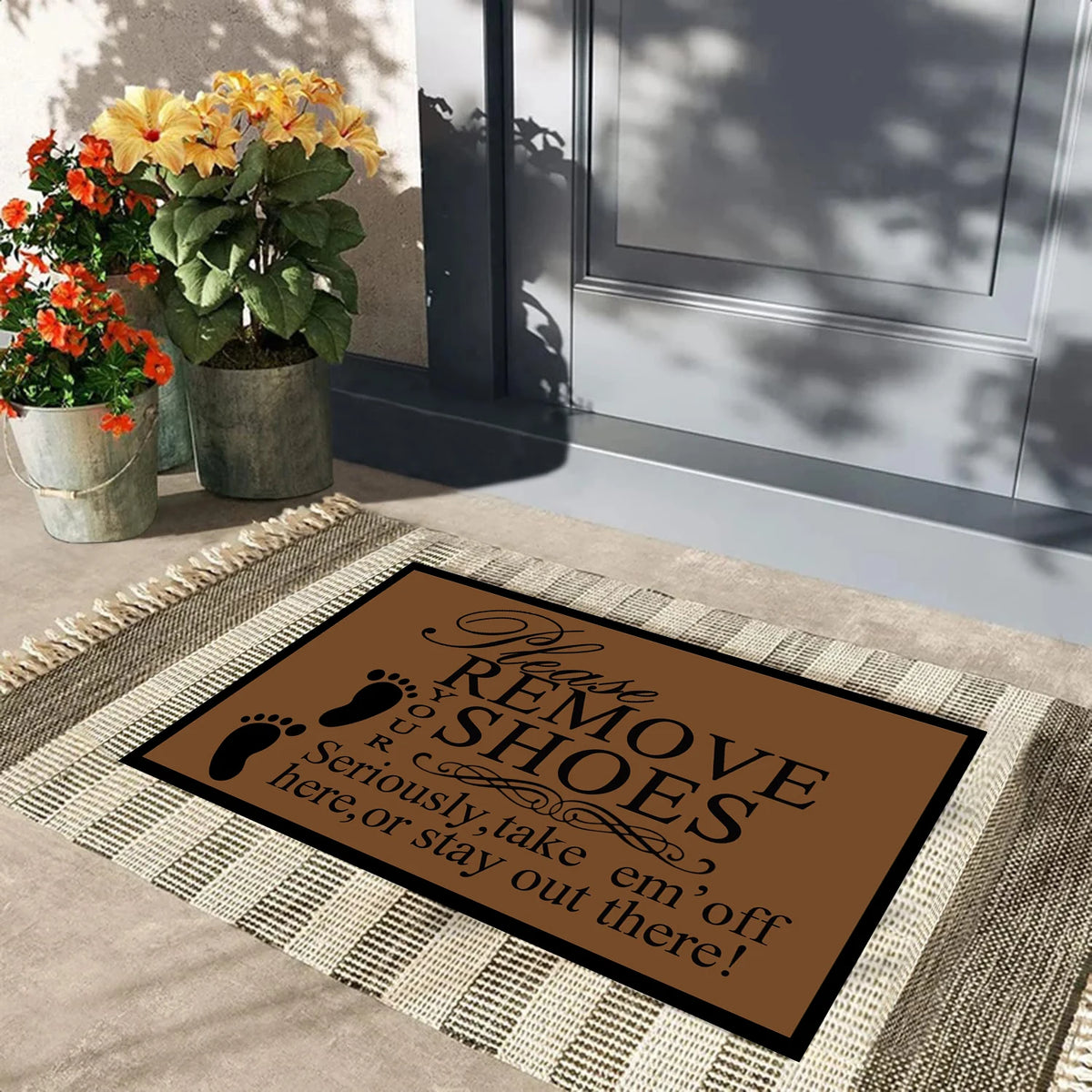 tapis d'entrée marron imprimé antidérapant résistant antibactéries adhésif extérieur intérieur classique