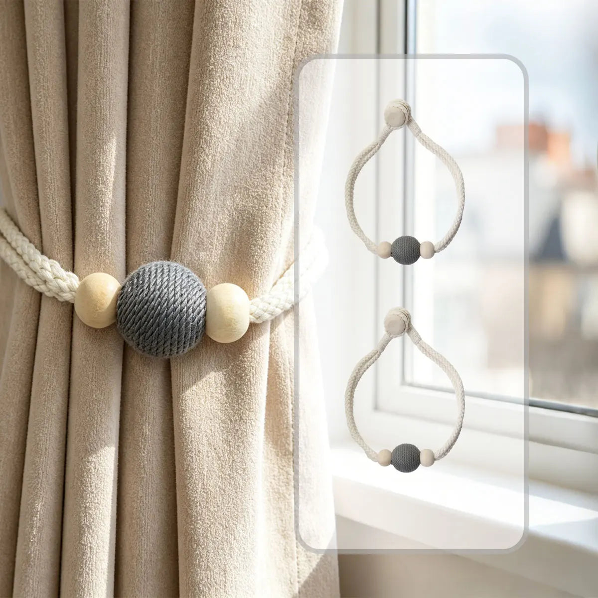 rideau moderne boule aimantée gris beige texture tissée opaque attachement magnétique