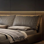 lit double moderne bois gris foncé simili cuir dossier souple chambre coucher