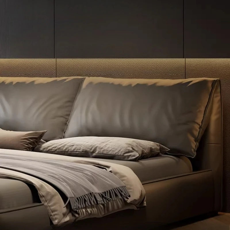 lit double moderne bois gris foncé simili cuir dossier souple chambre coucher