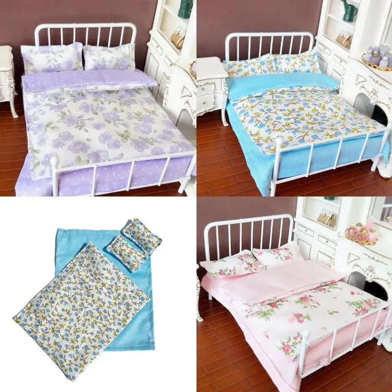ensemble literie maison poupée motifs floraux couleurs violet rose bleu décoration miniature romantique shabby