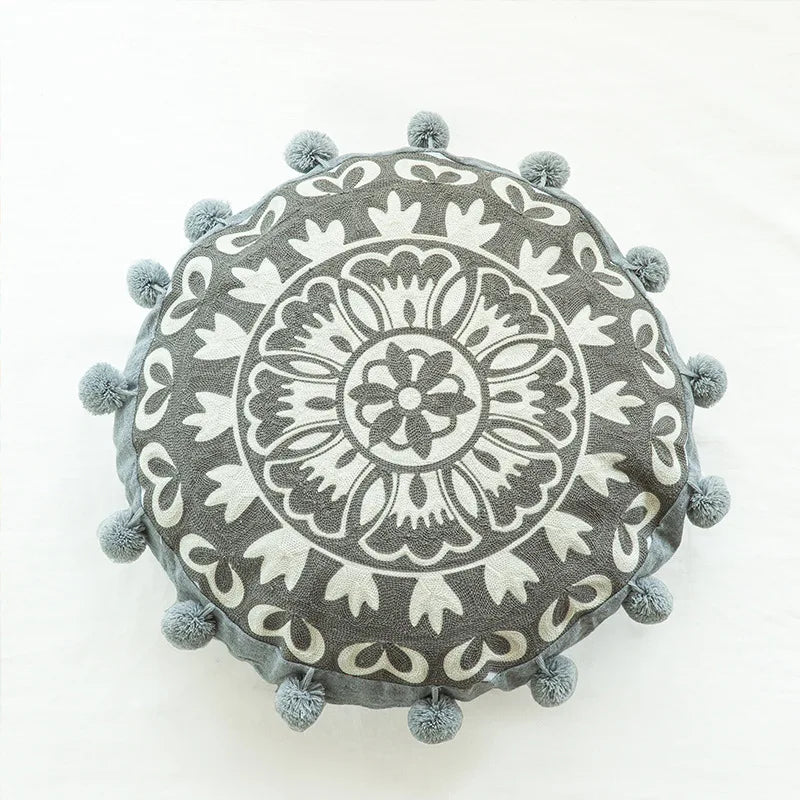 taies d'oreiller rondes géométriques coton polyester pompons blancs ethnique bohocoration intérieure hôtelière hôpitalisée