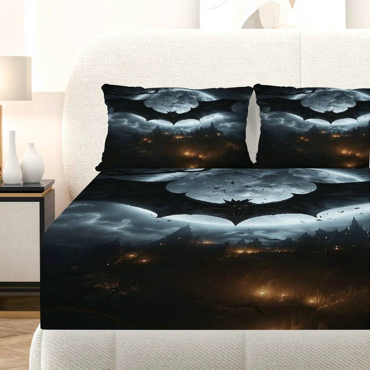 ensemble literie halloween drap housse noir motif château lune nuages taies d'oreiller gothique fantaisie