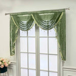 rideau vert olive brodé fleurs semi transparent classique fenêtre cuisine décoration dorées franges