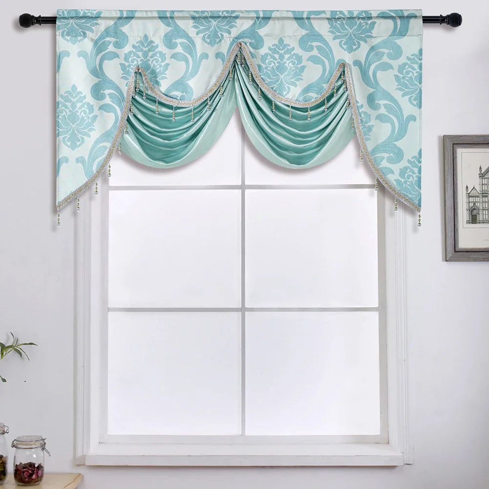 rideau fenêtre floral damassé semi transparent gris beige tissu polyester texturé glands classique 135x75cm