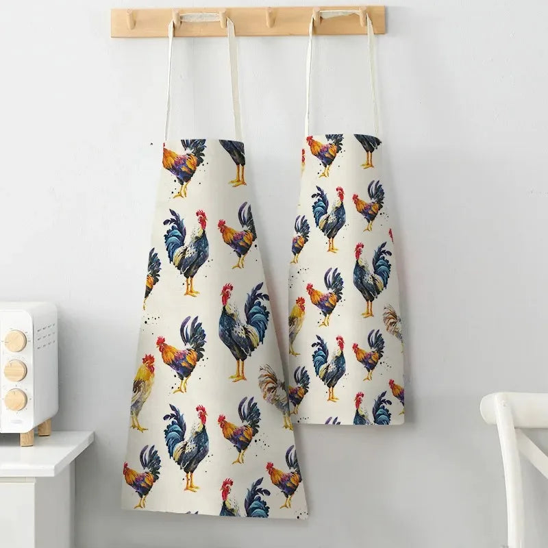 tablier adulte moderne motif coqs colorés élégants blancs coton lin sanitaire