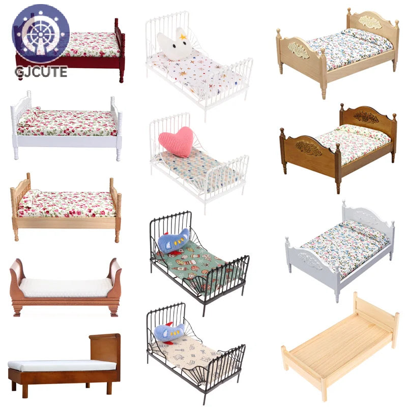 lit miniature classique bois marron clair matelas tête lit tissu uni blanc chambre poupée