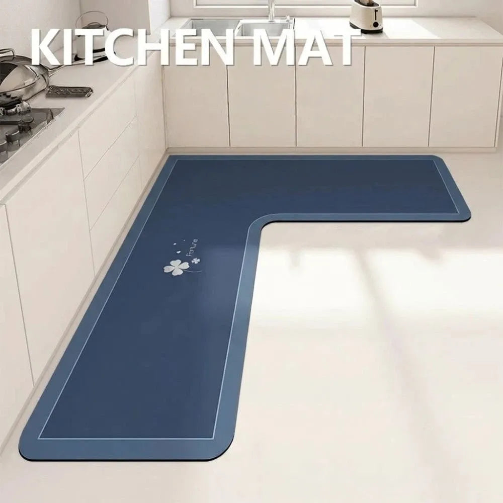 tapis cuisine bleu marine motif floral moderne gris clair absorbant lavable polyester vinyle