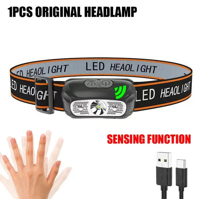 lampe frontale noire rayures jaunes led motion sensor ceinture ajustable camping