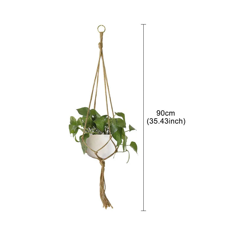 Support plante suspendue macramé boho rotin blanc orange anneaux métalliques