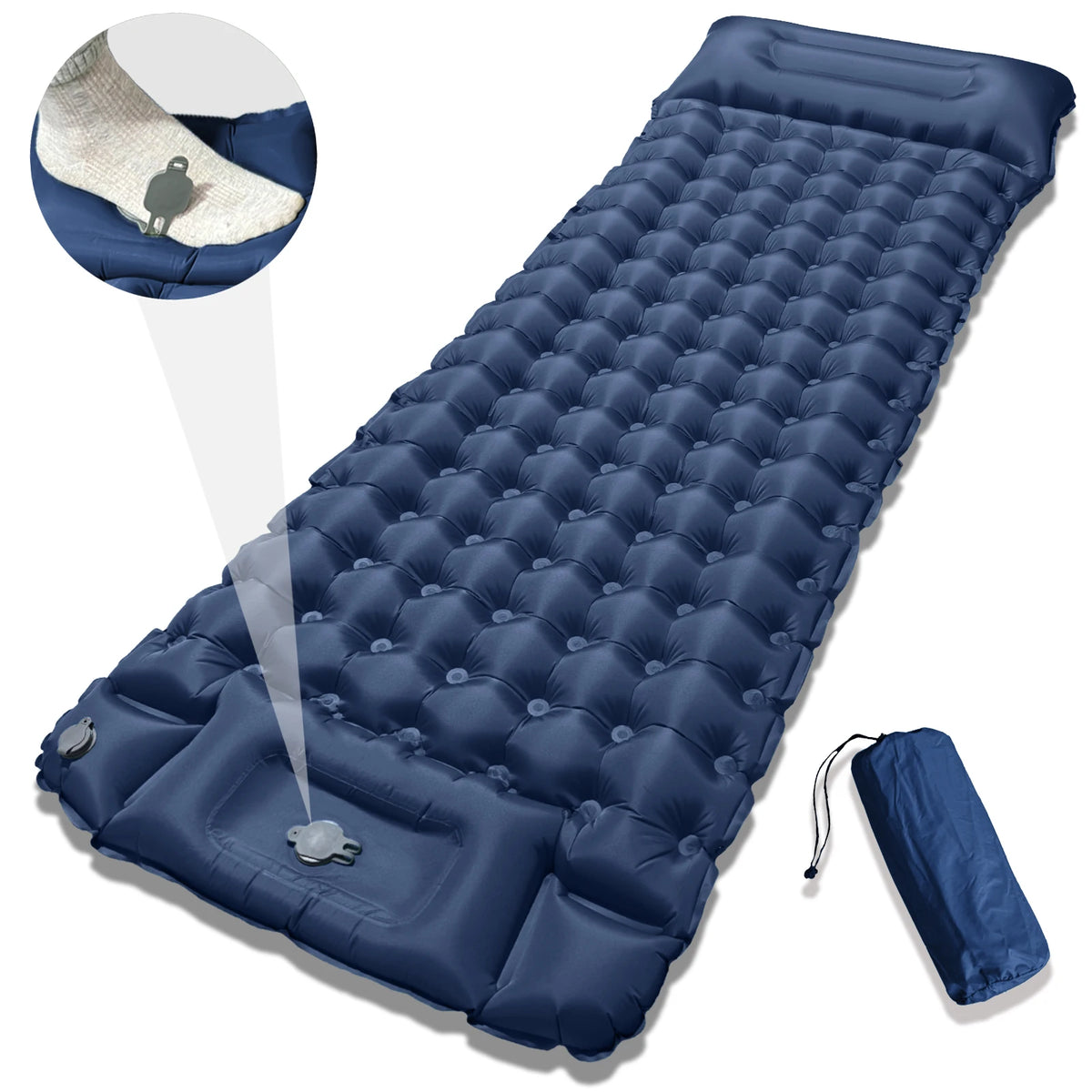 matelas gonflable bleu marine confortable texture boutons sac rangement camping plein air