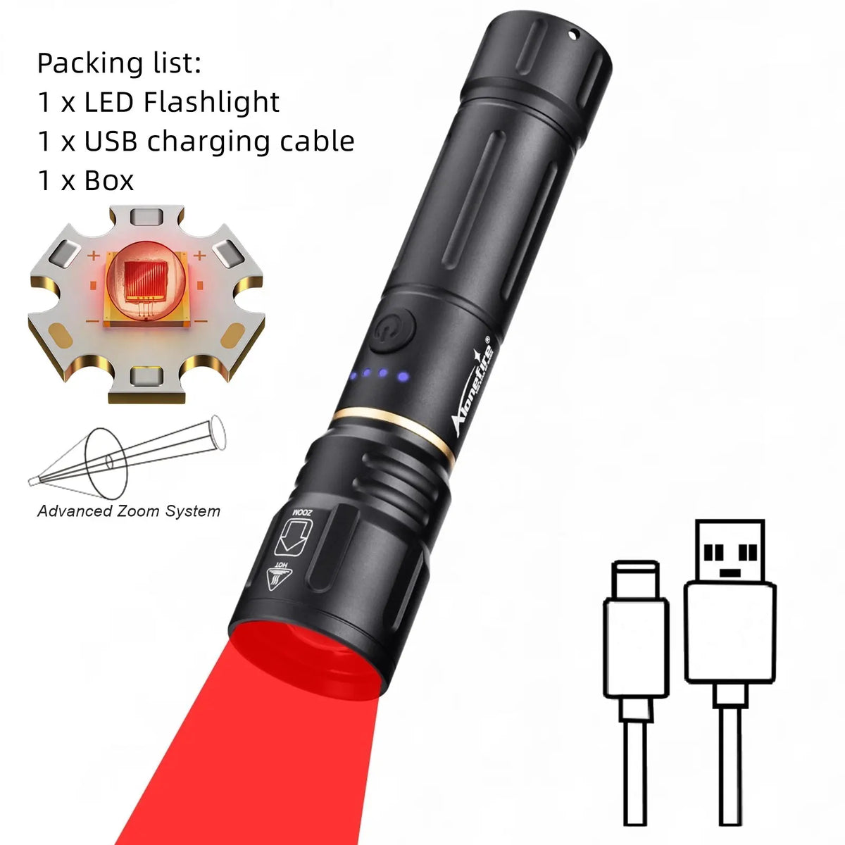 lampe torche led rouge rechargeable aluminium robuste tactique chasse camping pêche