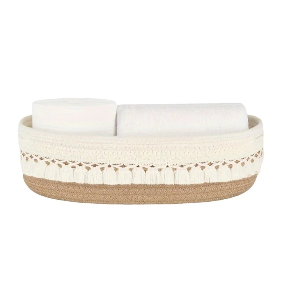 panier tissé boho chic beige noir franges rangement cosmétiques réutilisable multifonction opacité