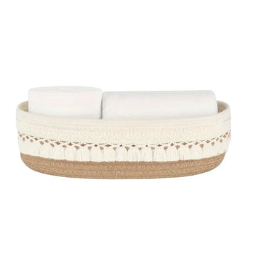 panier tissé boho chic beige noir franges rangement cosmétiques réutilisable multifonction opacité