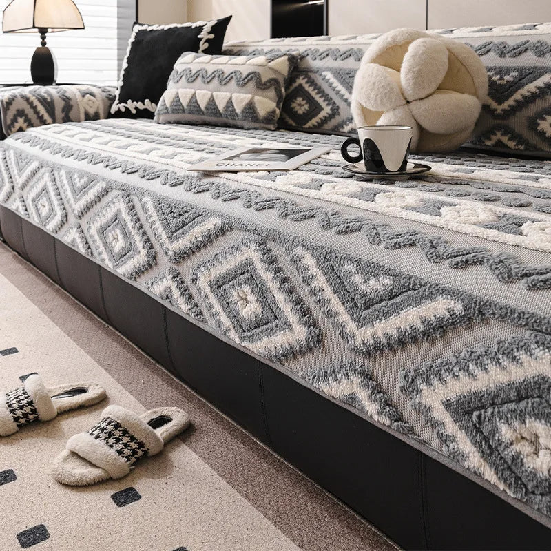 housse canapé polyestère géométrique moderne gris beige adhésif machine universal bohème automne hiver