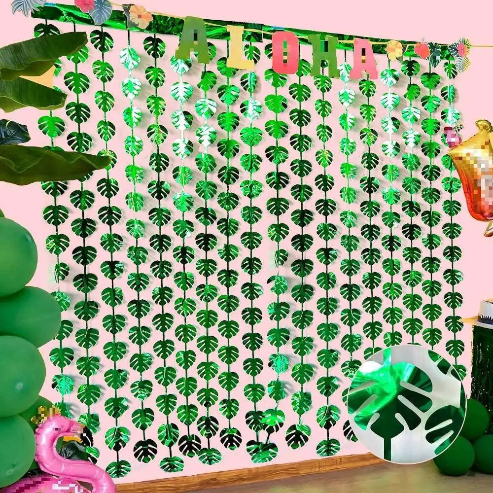 rideau decoratif tropical festif feuilles perforées vertes argentées semi transparent occasion anniversaire enfants decoration