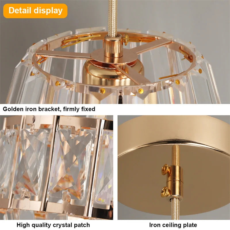 Suspension lumineuse moderne transparente facettes géométriques câble doré élégante chambre salon